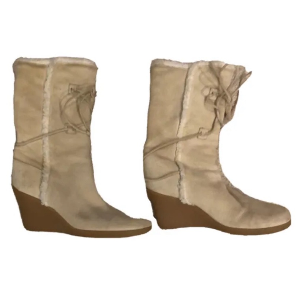 Michael Kors Cream Suede Shearling Winter Wedge Boot